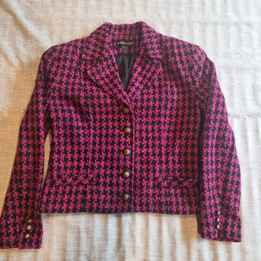 Sportswear Systems Pink Black Houndstooth Tweed Academia Blazr Wool Blend Size 4